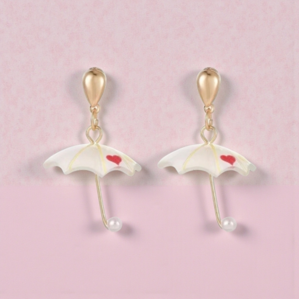 1 Pair Love Heart Pattern Cute Small Umbrella Dangle Earrings Gold Plated Faux F